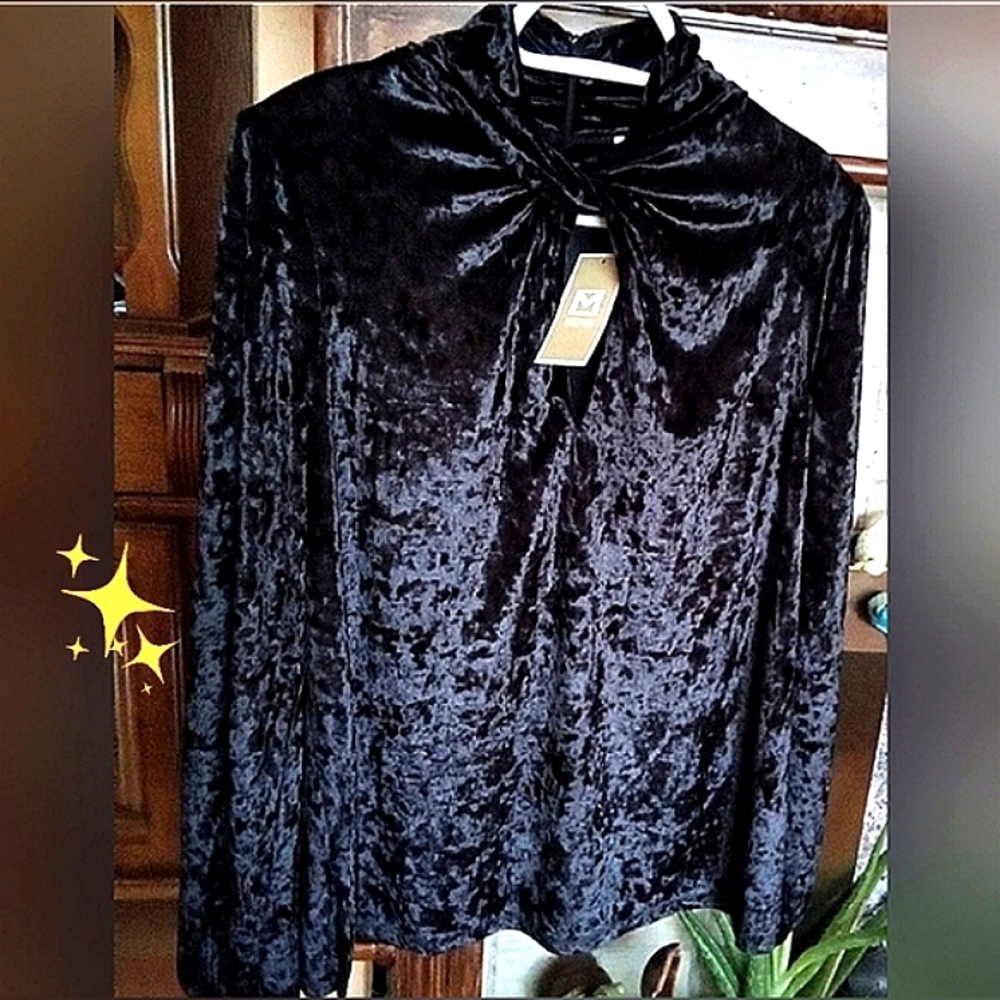 MICHAEL KORS🎀Black VelvetTwist Neckline Blouse with Puff Long Sleeve Sz: L - Picture 3 of 12